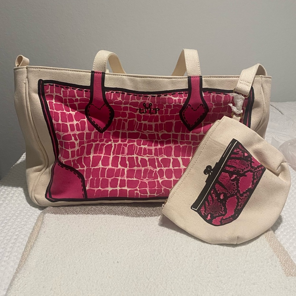 Jill Martin Cream Canvas Tote with Hot Pink Croc-Print Panel and Matching Pouch